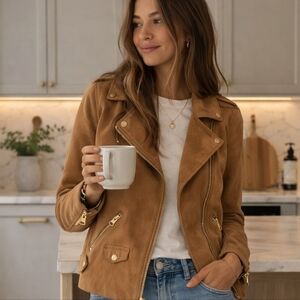 H&M Tan Leather Jacket with Gold Details